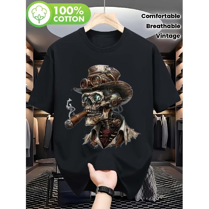 Men's Steampunk Skull Graphic Tee, Vintage Short Sleeve Cotton T-Shirt with Smoking Skeleton Design, Breathable Crew Neck for Casual Wear