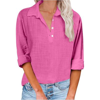 Женская повседневная свободная рубашка с V-образным вырезом, однотонная, с длинными рукавами, на пуговицах, из хлопка и льна для женщин