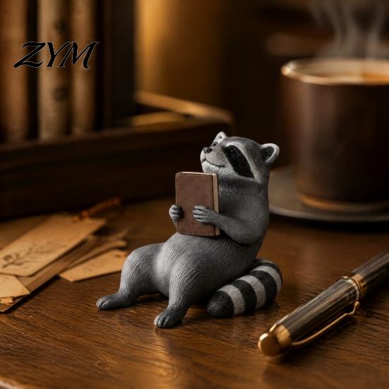 Realistic Raccoon Statue Reading Shelf Sitter, 3D Printed Bookworm Figurine with Vintage Vibe, Unique Gift for Book Lovers Cute Desk Bookshelf Decor,