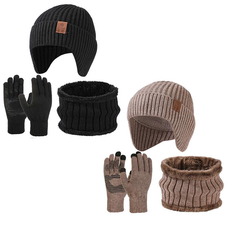 High Stretch Wool Hat Warm Hat Kit Scarf Gloves Three-Piece Set Men's Winter Outdoor Ear Protection Knitted Hat