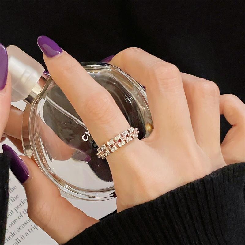 Pink Girl Love Bow Open Ring Niche Light Luxury High Sense Inlaid Zircon Simple Colored Jewelry Women