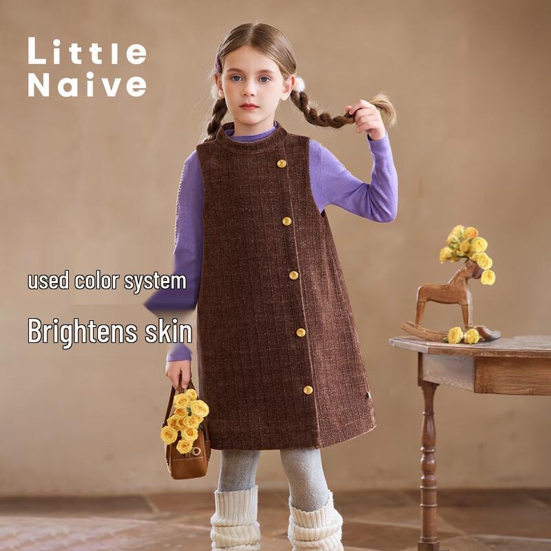 Little Naive Girl's Winter Corduroy Padded Vest Dress with Contrast Buttons
