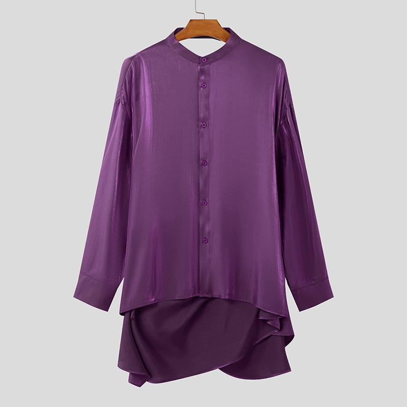 INCERUN Мужские рубашки с блестками, с длинным рукавом, на пуговицах, однотонные, с открытой спиной, бандажные топы