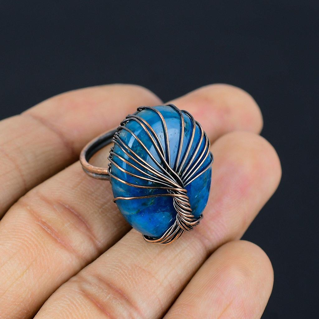 Tree Of Life Neon Blue Apatite Gemstone Copper Wire Wrapped Handmade Jewelry Ring For Her