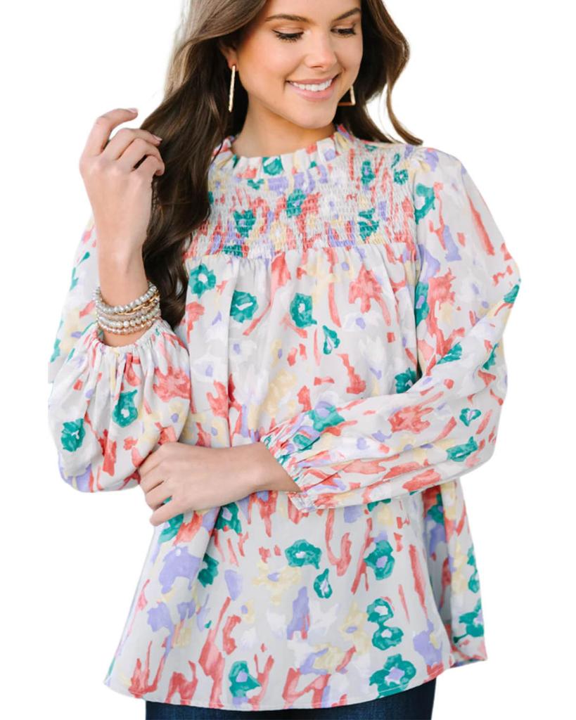 Azura Exchange Свободная блузка с разноцветным принтом, оборками и воротником-стойкой