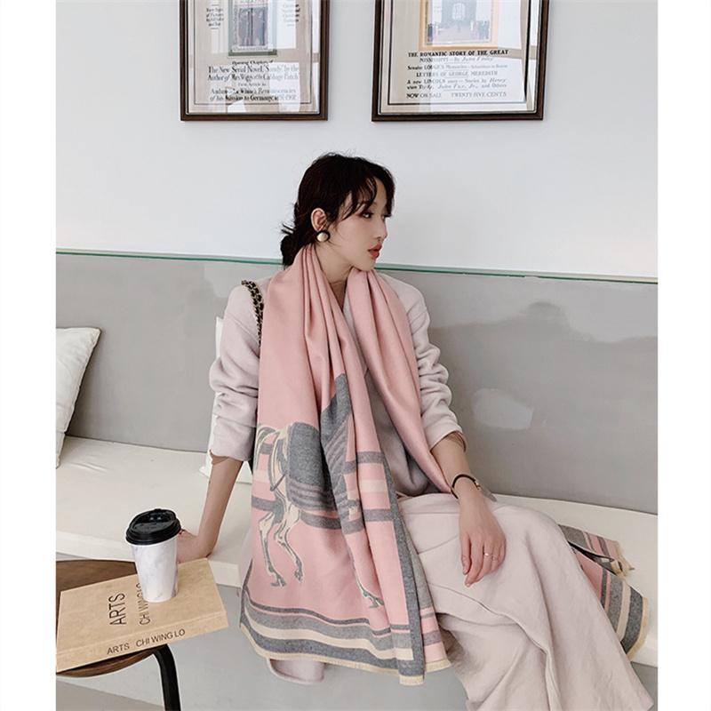 Толстый теплый зимний шарф, роскошный дизайн, принт лошади, женский кашемировый шаль из пашмины, женские шарфы с запахом, женский платок, одеяло, пончо