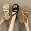 Женские сандалии на плоской подошве с квадратным носком, летняя новая модная повседневная фея, пляжные римские крутые шлепанцы