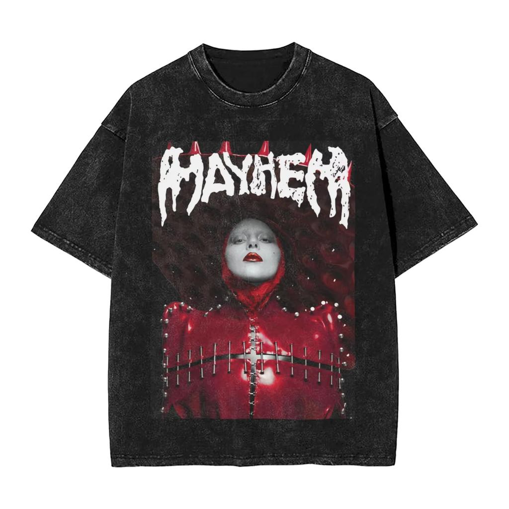 Singer Lady Gagas washed Tshirt a messy hiphop retro streetwear with sleeve prints unisex top