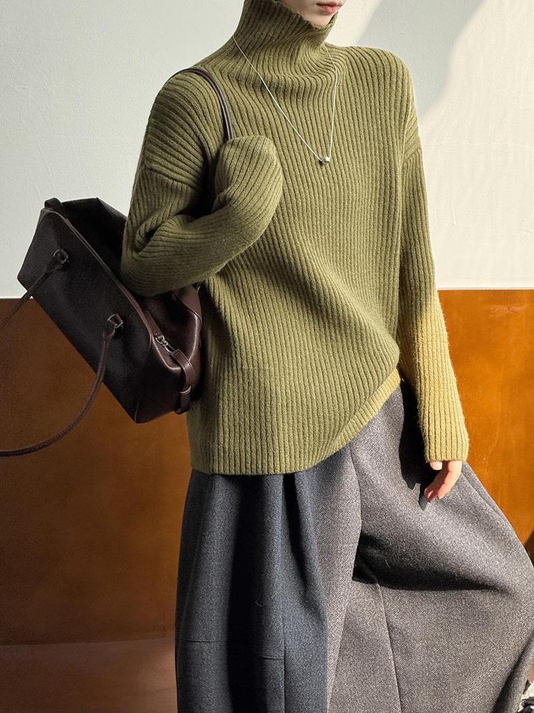 Juzhi Women's High Neck Loose Knit Pullover Sweater for Autumn/Winter - Long Sleeve, High-End Feel