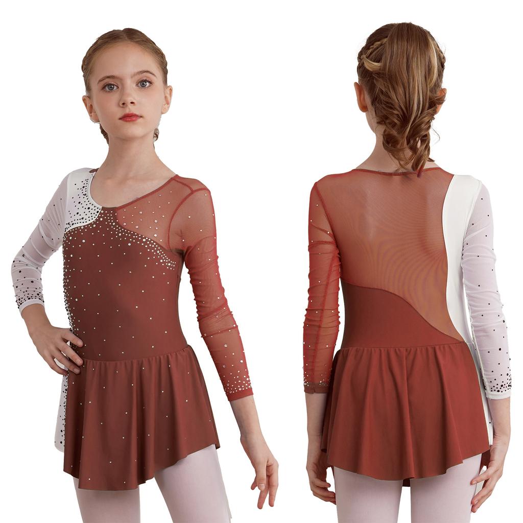 Kids Girls Stylish Dance Wear Long Sleeve Rhinestone Decor Contrast Color Skating Dresses