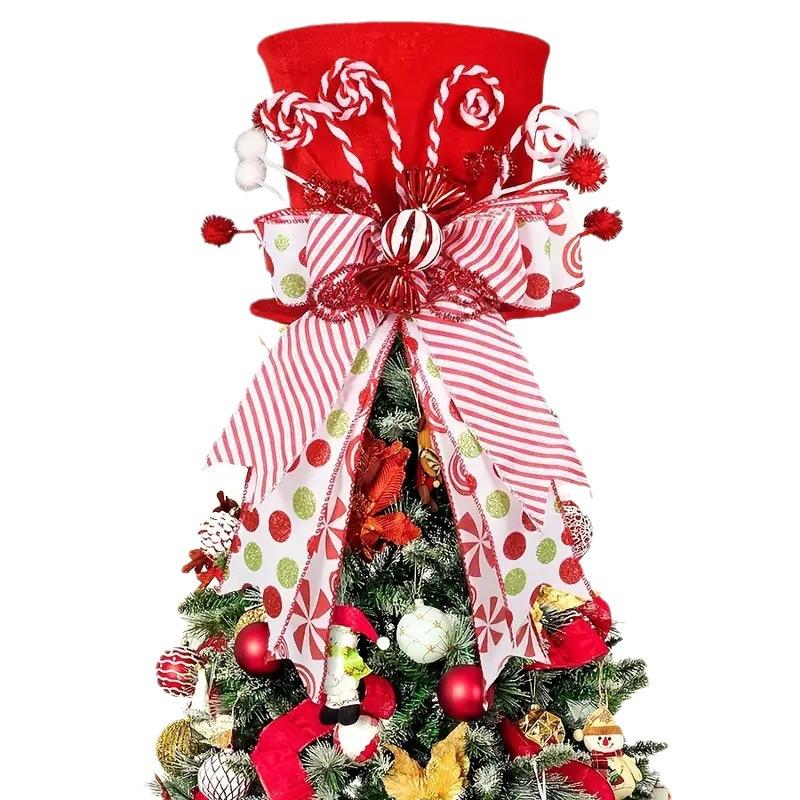 Red Christmas Tree Topper Hat With Bow Ribbon Cane Sugar Decoration Winter Holiday Tree Decor