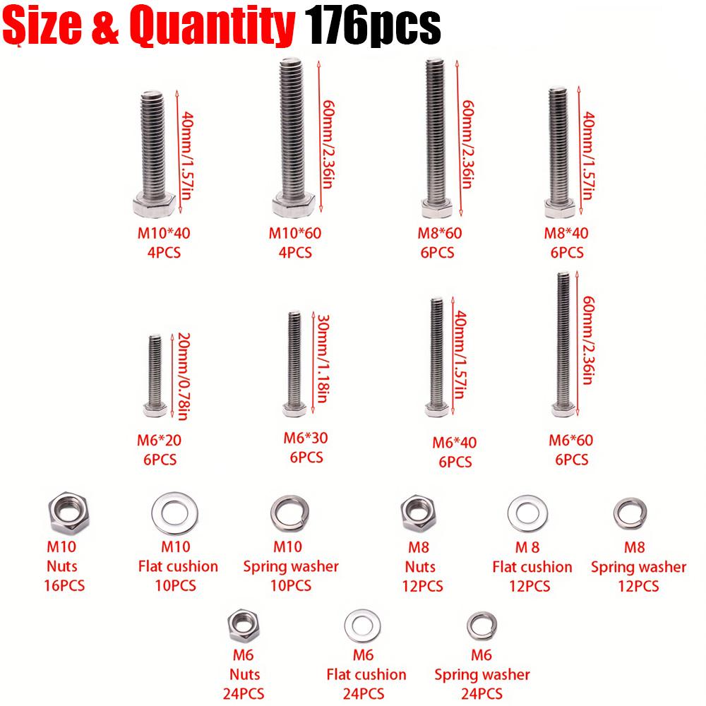 176-piece stainless steel heavy-duty hex bolt and nut kit, M6, M8, M10, lengths 20mm, 30mm, 40mm, 60mm