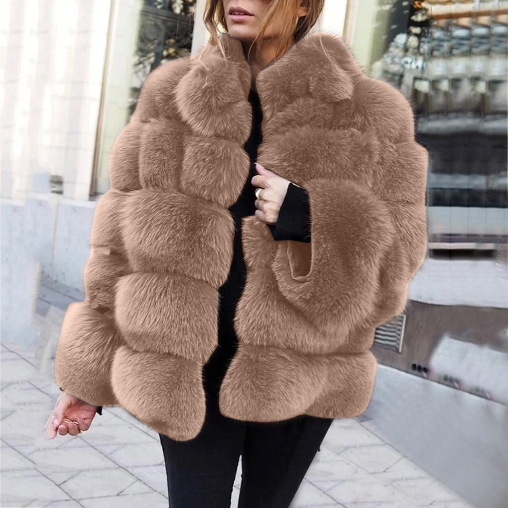 (SU)Women Plus Size Short Faux Coat Warm Furry FauxLong Jacket Sleeve Outerwear