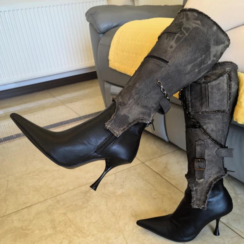 Vintage Pointed Belt Buckle Western Cowboy Boot Women's Fashion Metal Chain Detachable Two Wear Tooling Women's Boots 35-39