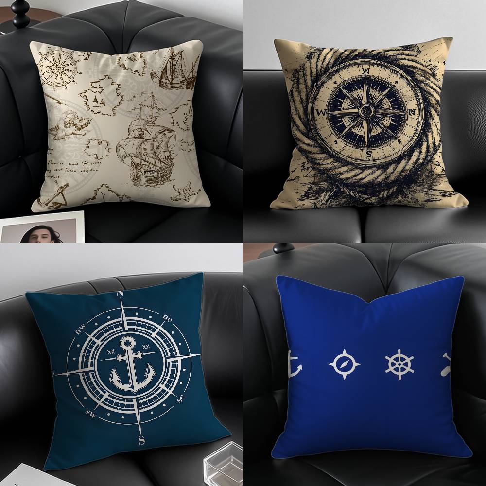 Ocean Blue Compass with Anchor Pillow Case Anti-dustmite Pillowcase Invisible zipper silky short plush Sofa cushion cover