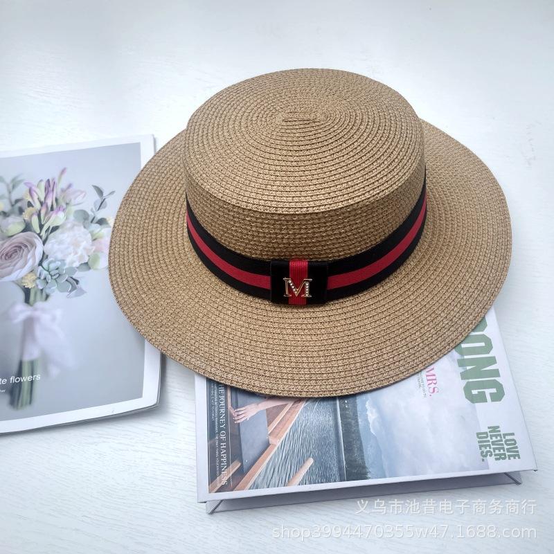 Hat multi-color striped M letter flat top top hat summer fashion travel shade sun protection big brim straw hat women