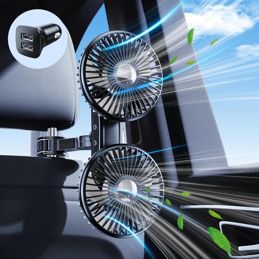 PANPHEN Car Fan, Rear Seat, 3 Levels of Air Flow Adjustment, 360° Rotation, 2-In