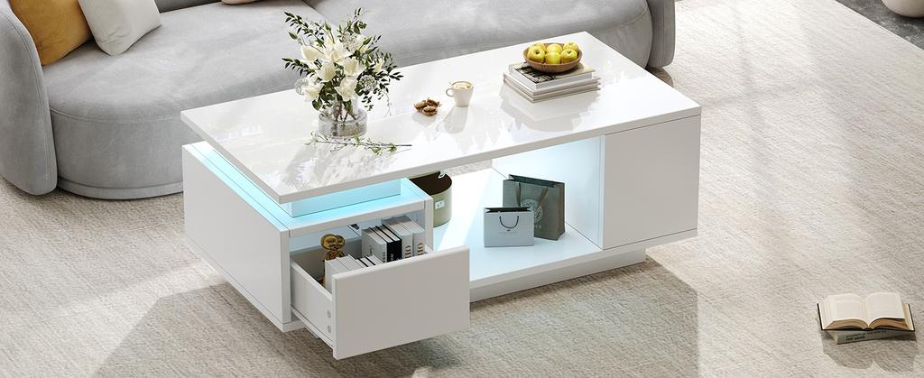 100*50*36cm Coffee Table with Drawer, LED Side Table, Living Room Table with Four Side Storage Compartments and a Cut-Out Design in the Middle. White