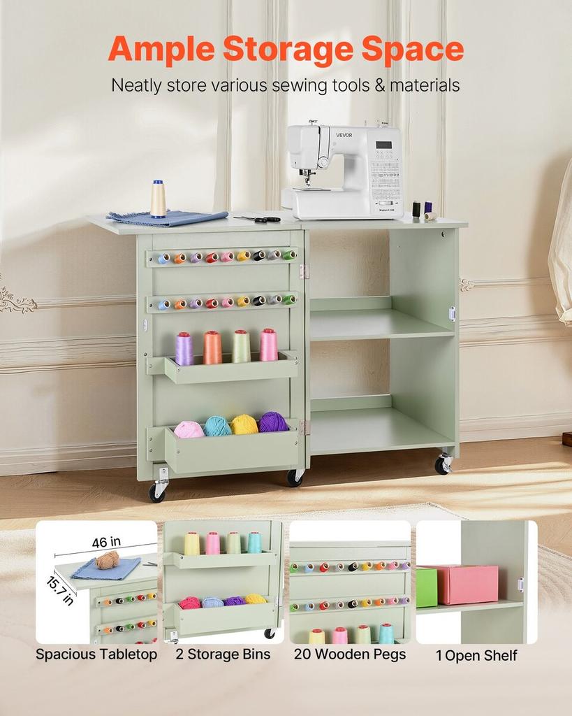 Folding Sewing Table, Multipurpose Sewing Machine Table with Compact Design, Wheels, Wooden Pegs, Storage Trays and Shelf, Magnetic Door Lock, Craft