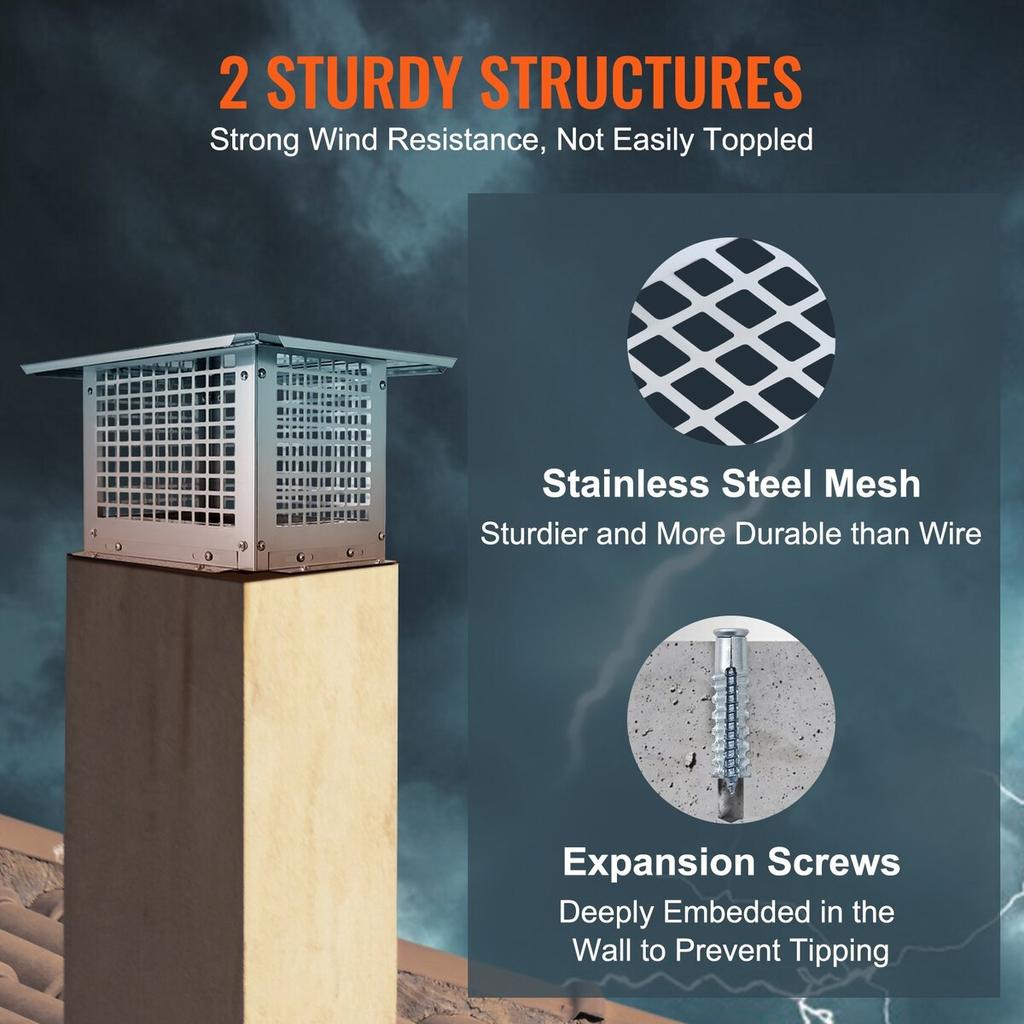 Chimney Cap 304.8 x 304.8mm, 304 Stainless Steel Fireplace Chimney Cover, Not Easily Toppled & Practical Accessories & Easy Installation, Fits Mesh