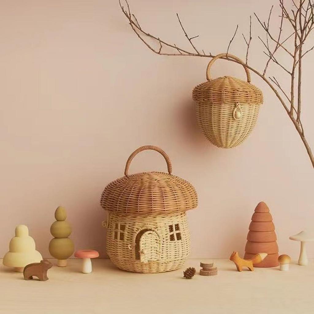 Creative Woven Bags Acorn-Shaped Rattan Durable Storage Basket With Lid Organizer Strong Not To Break Hanging Storage Basket Newborn Photo Props