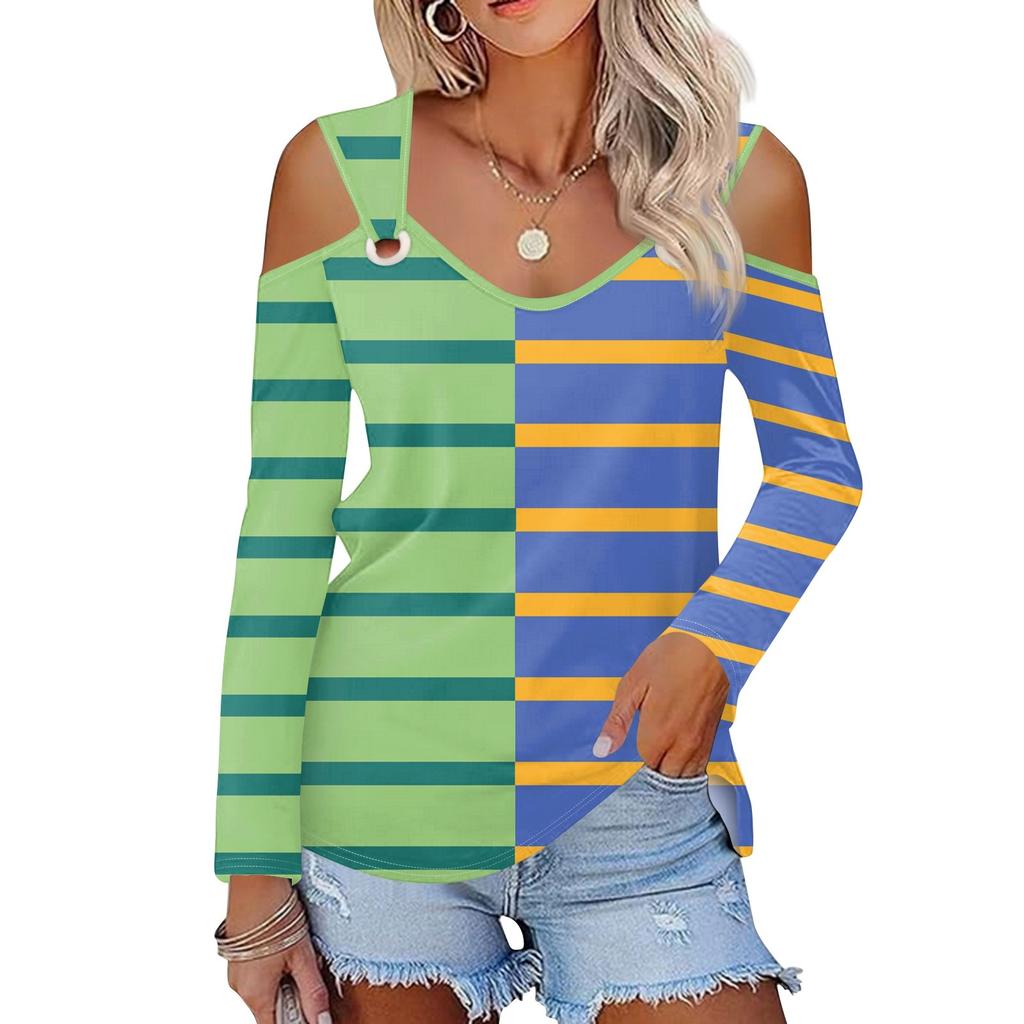 Женская повседневная рубашка-блузка с принтом, V-образным вырезом, сексуальным открытыми плечами, длинным рукавом