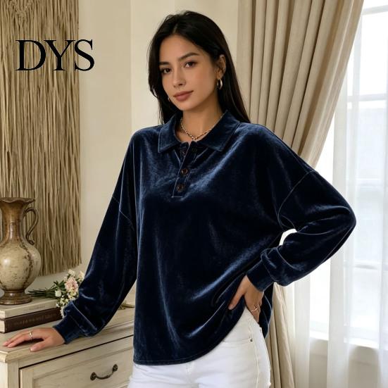 Lady Pullover Shirt Women Velvet Shirt, 3-Button Collared Casual Blouse, Solid Color Loose Long Sleeve Top for Daily Wear Work