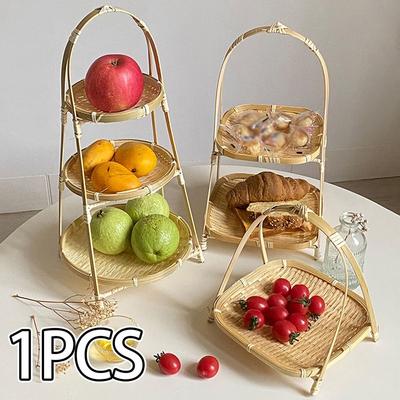 1 шт. Бамбуковая плетеная корзина для фруктов, еды, овощей для кухни, 1/2/3-уровневая корзина для хранения, ручная работа, многофункциональный поднос-стойка