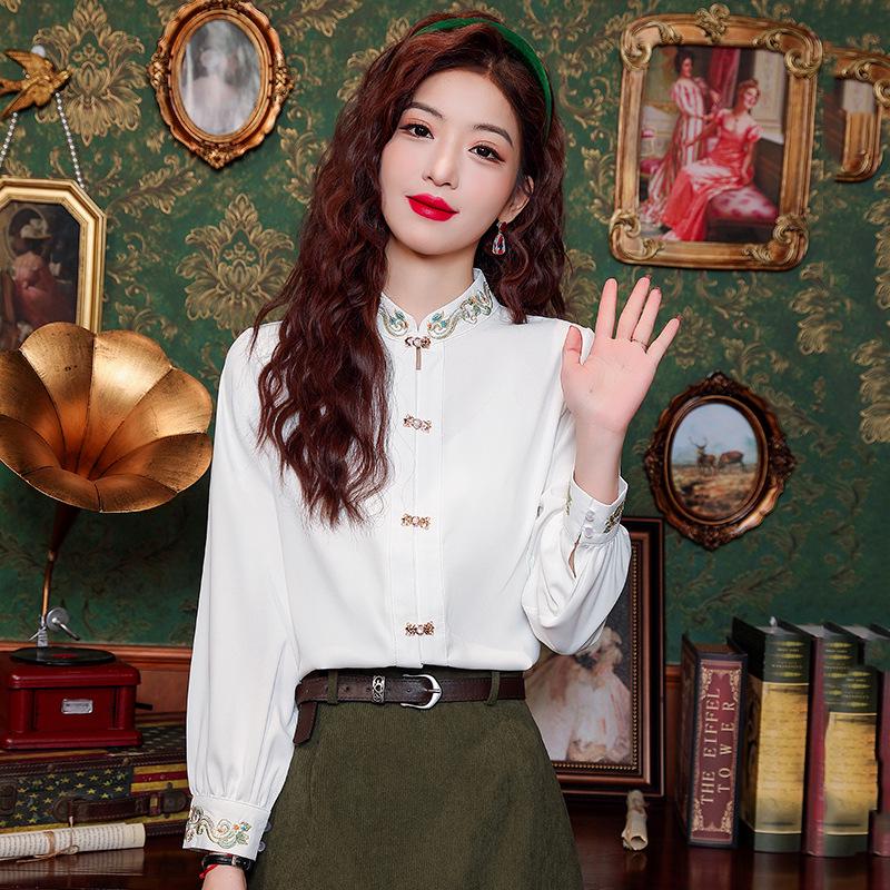 Women's Stand-Up Collar Shirt with Chinese Embroidery, Zen Style Long-Sleeve Top for Spring and Autumn.