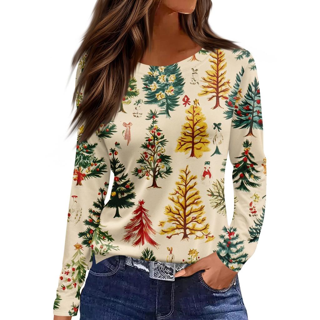 Женская модная повседневная футболка с разрезом и круглым вырезом, длинным рукавом, с рождественским принтом
