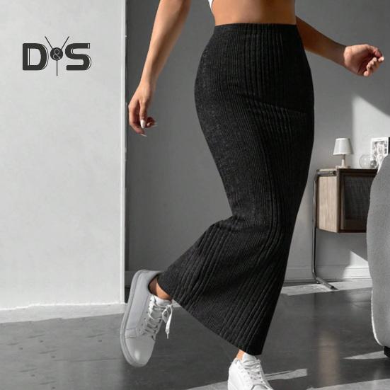 Women Fall Winter Skirt High Waist Knitted Elastic Thick Warm Ankle Length Striped Slim Fit Soft Sheath Lady Maxi Skirt