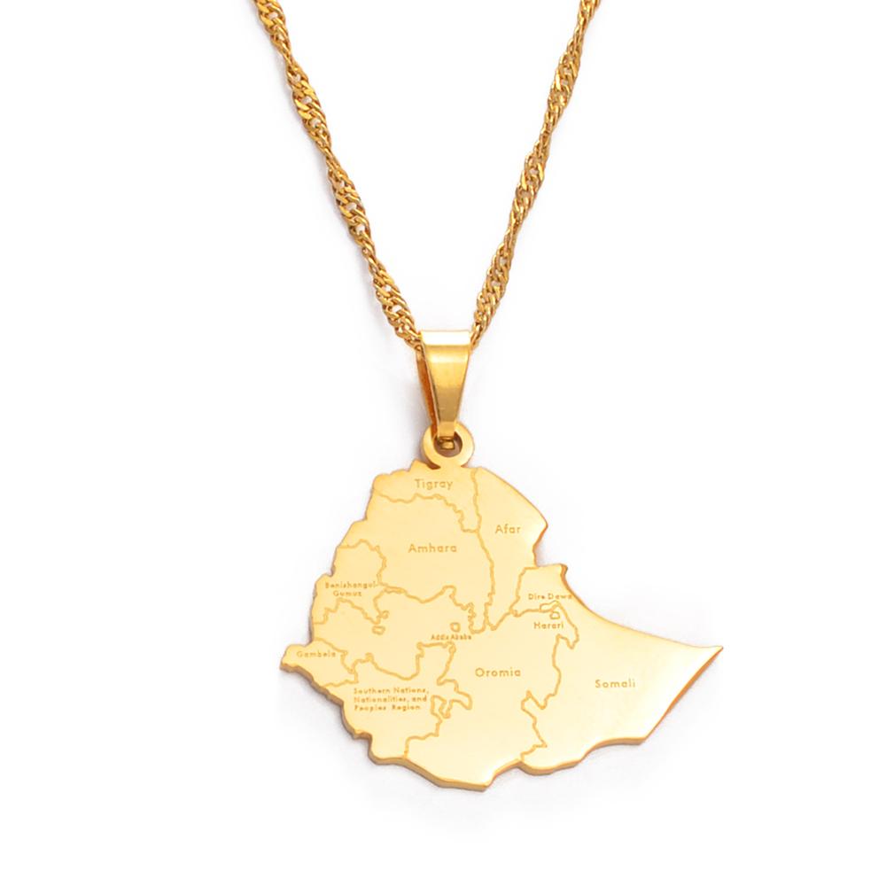Ethiopia Map Cities Stainless Steel Pendant Necklaces for Women & Men Trendy Ethiopian Maps Wedding & Party Jewelry-#155821