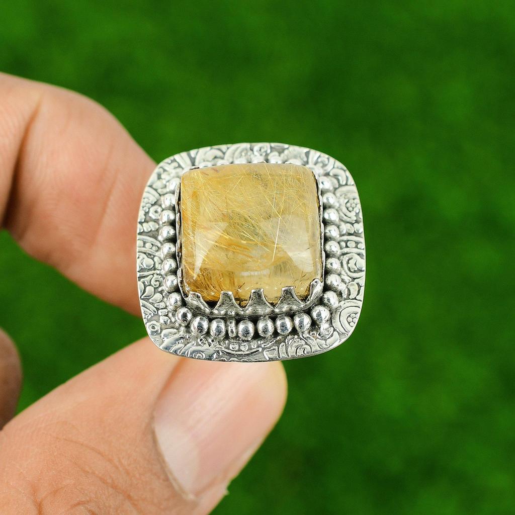 Sterling Silver Golden Rutile Gemstone Unique Promise Wedding Ring Jewelry US 7