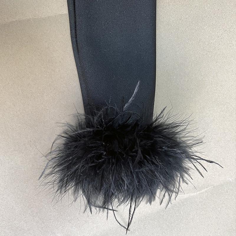 Новое вечернее платье с длинным рукавом и перьями в европейском и американском стиле с бандажной отделкой