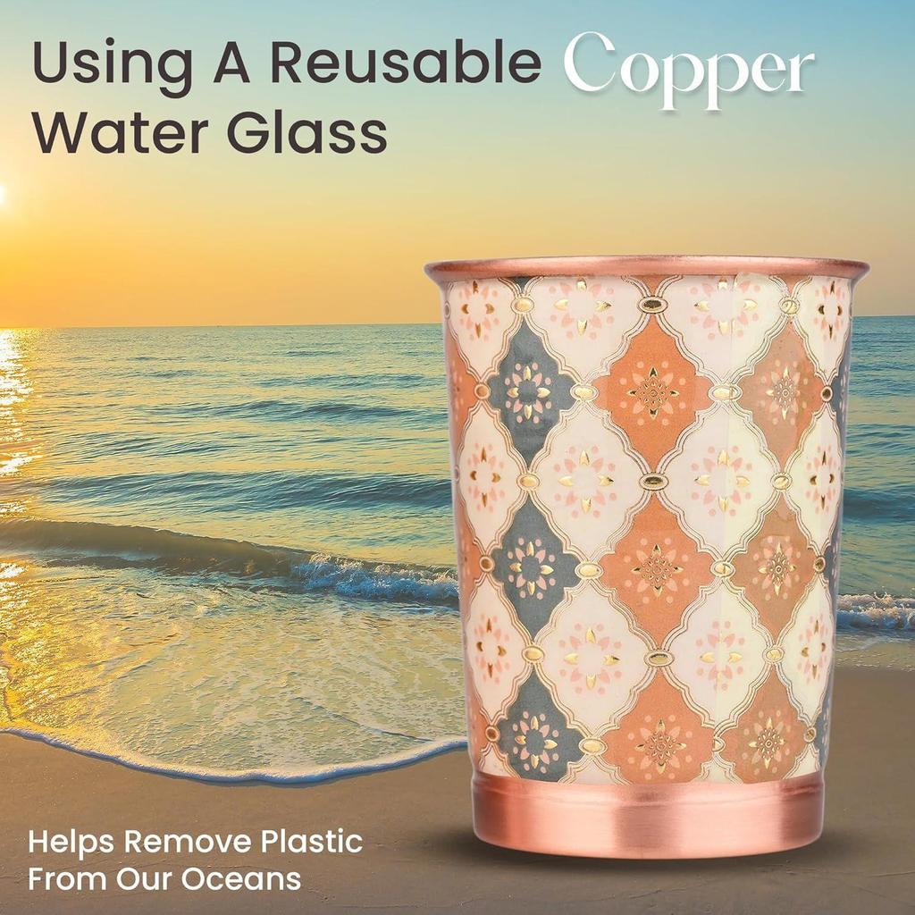 Copper Printed Design 250ML Water Glass with Rust Proof Protection for Home and Office Use Ayurveda and Yoga Health Benefits Glass Set of 6