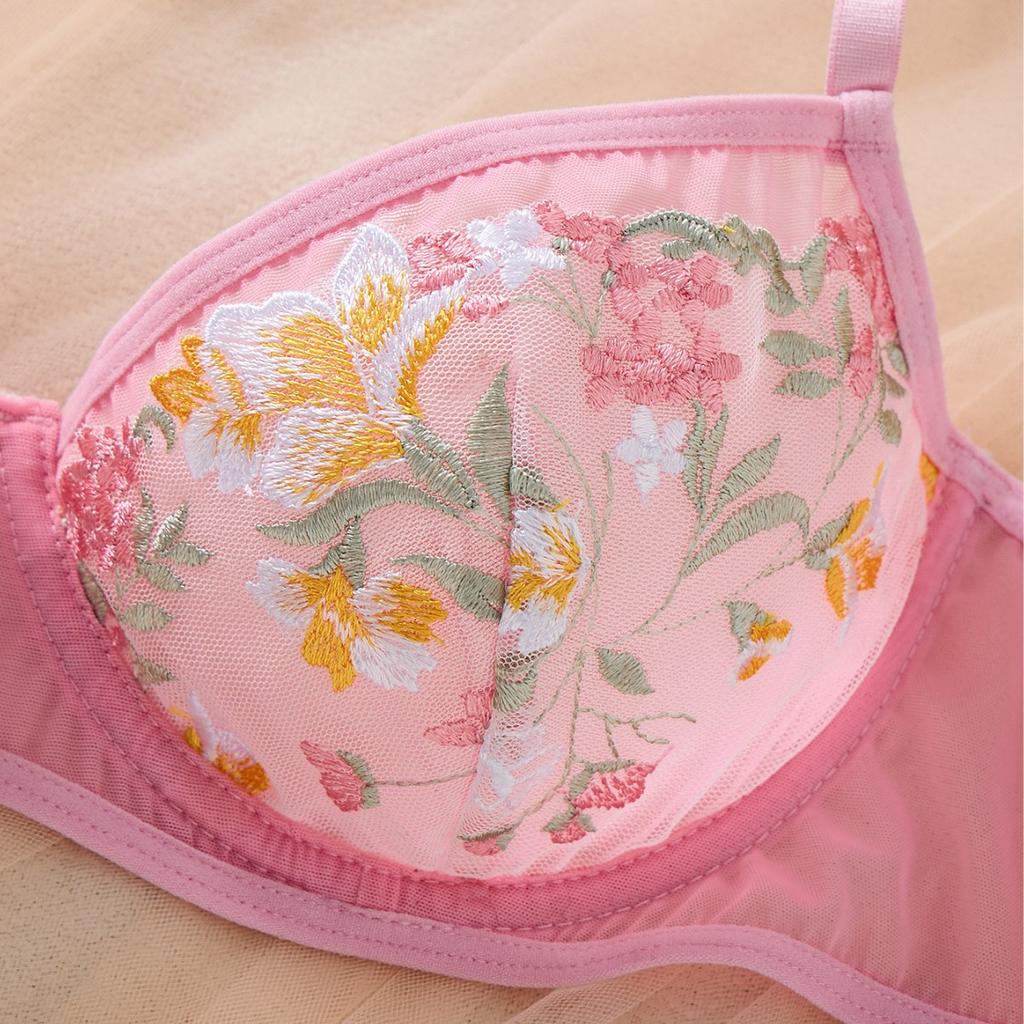 Pink embroidered mesh erotic underwear pure desire thong bra two-piece set small chest gathering sexy hollow set
