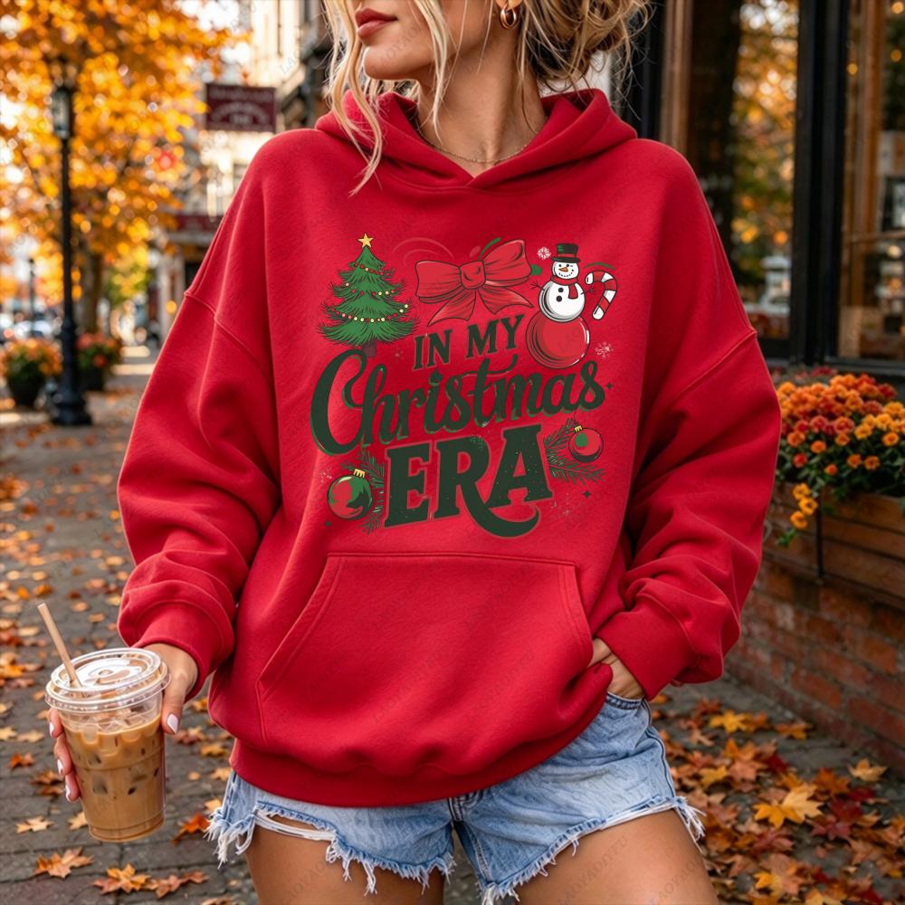 In My Christmas Era Retro Slogan Graphic Hoodie Women Casual Long Sleeve Pullover Vintage Xmas Tree Snowman Holiday Gift Top