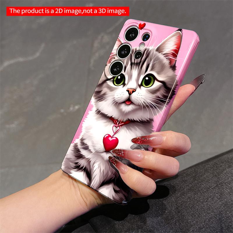 2DFlat Samsung phone case Cute Cat with Heart Pendant on Pink Background Applicable to Galaxy S23 S24 S25ULTRA S26 A12 A14 A15 A16 A54 A55