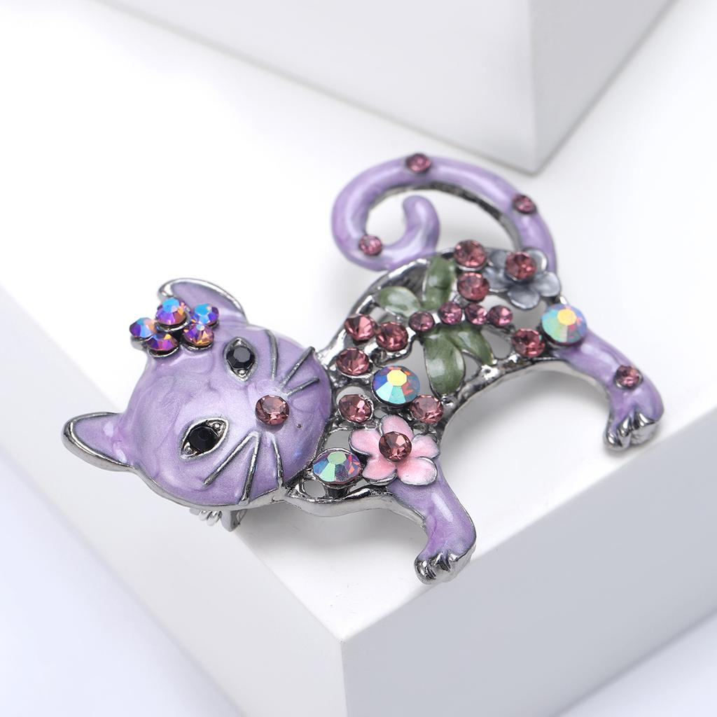 Lovely Enamel Cat Brooch Women Rhinestone Flower Animal Corsage Pins Gifts