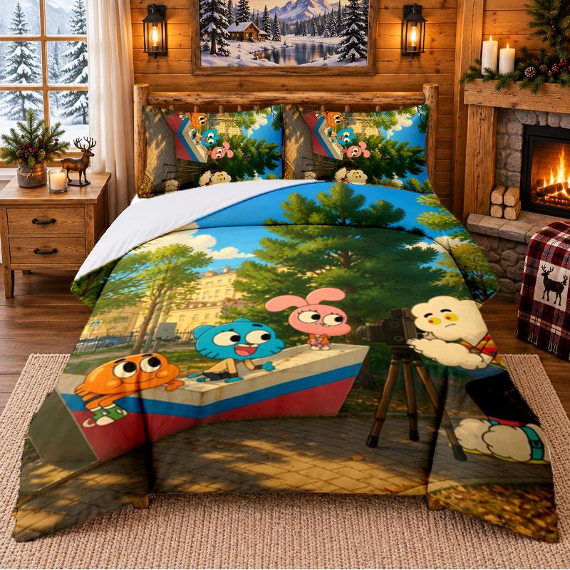 Amazing World of Gumball Pattern Bedding 3Pcs Set Bed Sheet And Pillowcases For Indoor Bedroom