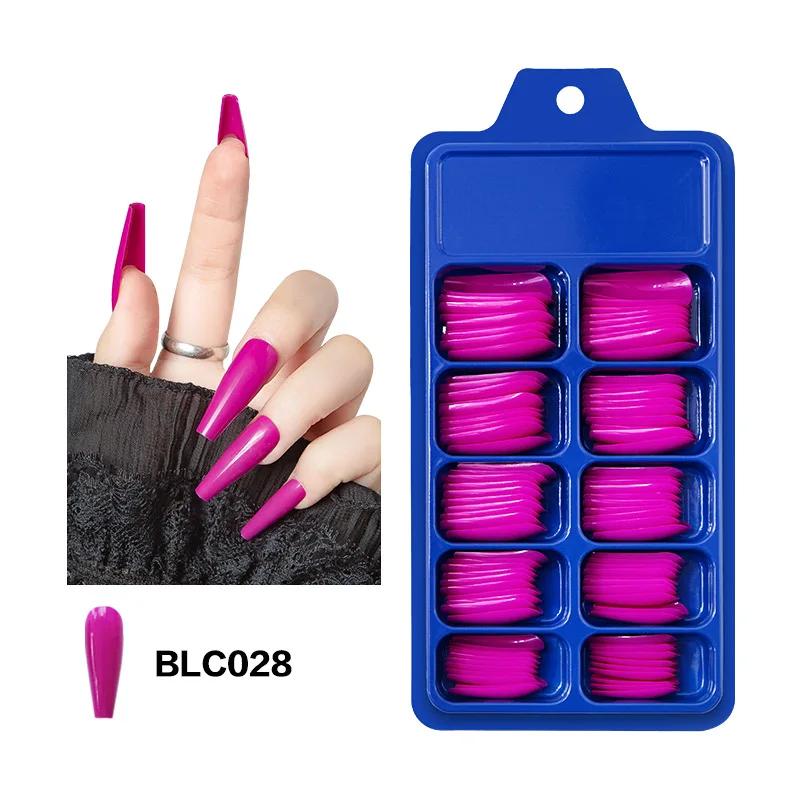 100PcsFalse Nail Wearable Full Cover Solid Color Pointed Long Ballerina Blue Pink Nail Tips False Nail Stickers