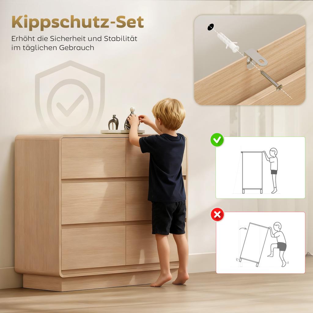 100 cm Sideboard, Buffet Cabinet with 6 Drawers, Chest of Drawers for Kitchen, Living Room, Dining Room, Natural Wood