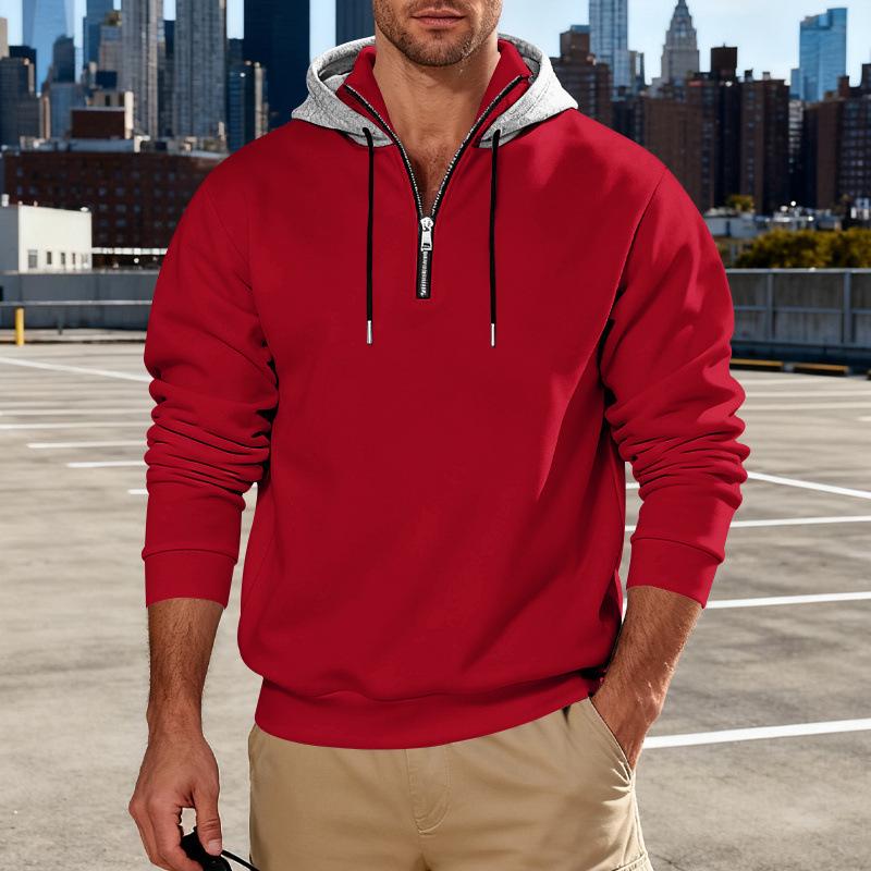Мужская толстовка с капюшоном из плотного флиса в американском стиле - Свободный крой, Повседневная, Легкая роскошь, Стойка воротник, Молния, Длинный рукав.