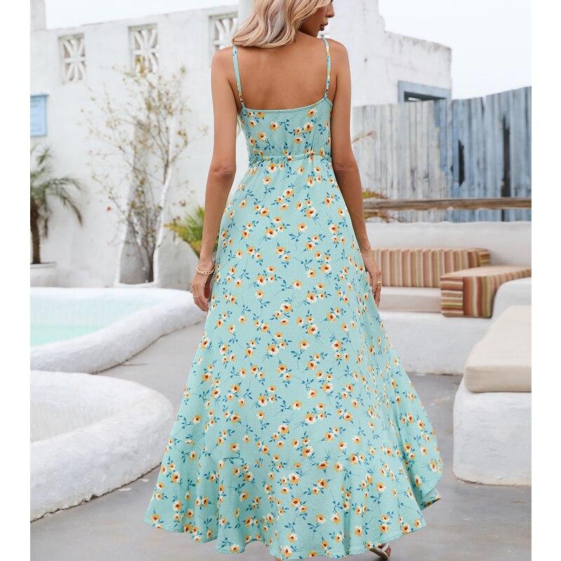 Summer Sexy Floral Printed Sleeveless Irregular Beach Dress For Women Casual V-neck Ladies Slip Dress Fashion Robe Femme 25387