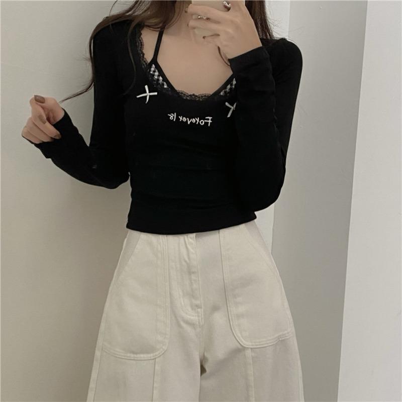 Футболка из искусственного шелка с длинным рукавом, осень и зима, новая утягивающая нижняя рубашка с короткими плечами, поддельная поддельная футболка Spice Girl, верхняя часть, две части