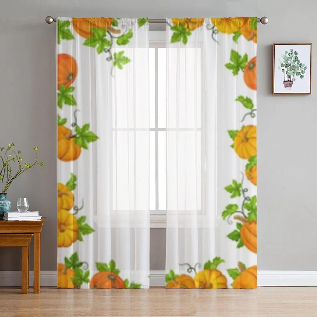 Pumpkins And Green Leaves Tulle Window Curtain For Living Room Bedroom Voile Sheer Curtains Kitchen Treatments Drapes