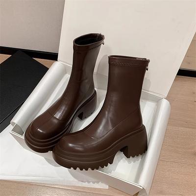 Ботильоны Мартин на толстой платформе, женские, в британском стиле, новые осенне-зимние, эластичные, маленькие коричневые короткие ботинки