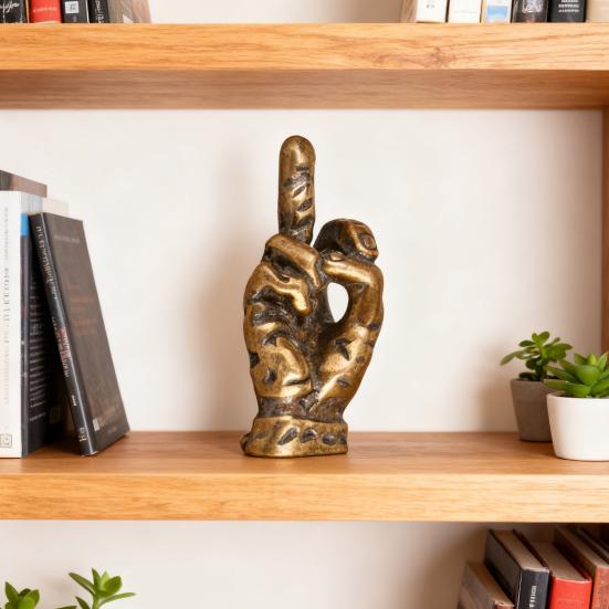 Middle Finger Figurine Brass Gold Freestanding Hand Sculpture Copper Middle Finger Pocket Lucky Charm for Home Shelf Desk Decor