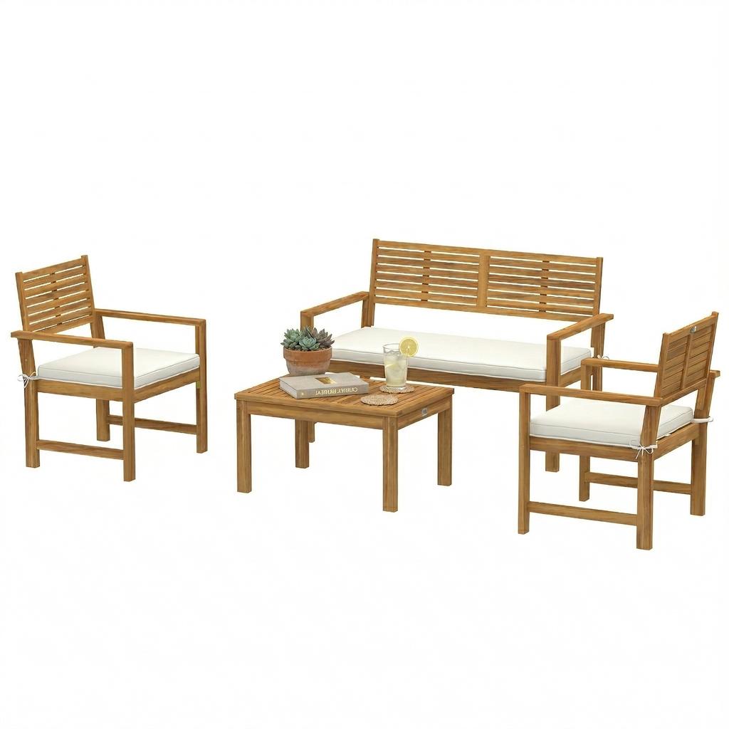 4 Seater Wooden Garden Furniture Set with Loveseat, Armchairs, Table, Acacia Wood Garden Sofa Set, Cream White