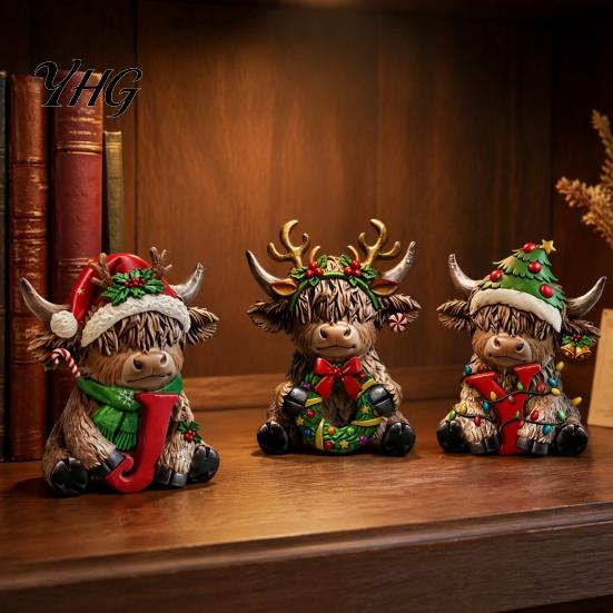 Stylish Home Decor Ornaments 3Pcs Christmas Highland Cow Figurine, Resin Yak Statues with JOY Letter Sign, Modern for Farmhouse Tabletop Ornaments,